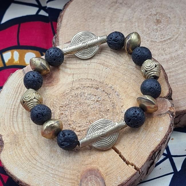 Bracelet élastique perles de lave avec 2 éléments plats en bronze