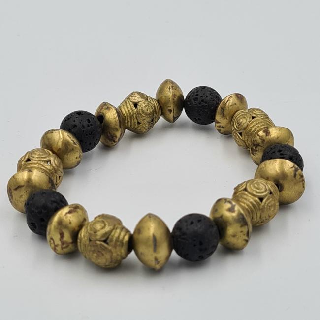 bracelet élastique perles de bronze et perles en lave