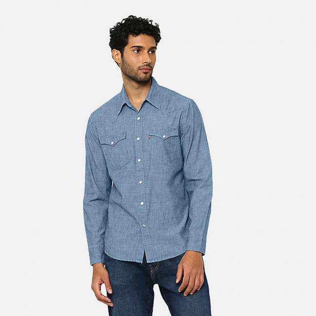 LEVI'S MEN BARSTOW STANDARD FIT WESTERN SHIRT - GRANT MID BLUE CHAMBRAY