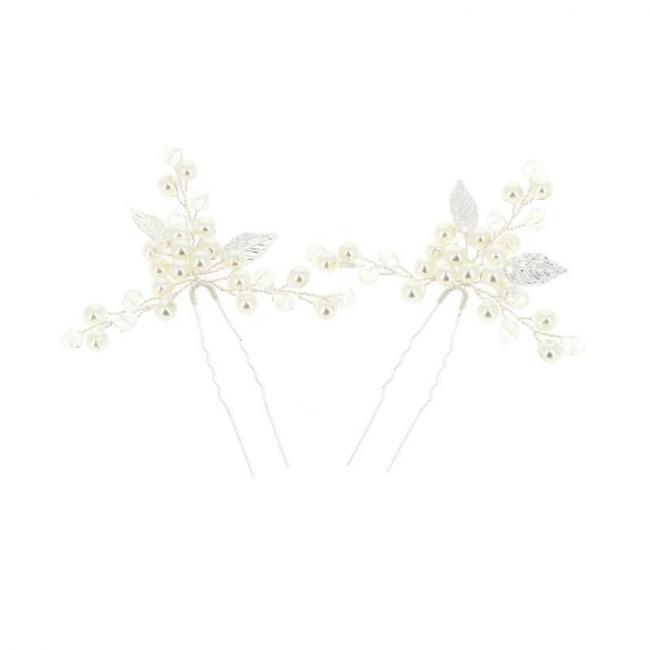 Lot de 2 &eacute;pingles &agrave; chignon feuilles argent&eacute;es et perles