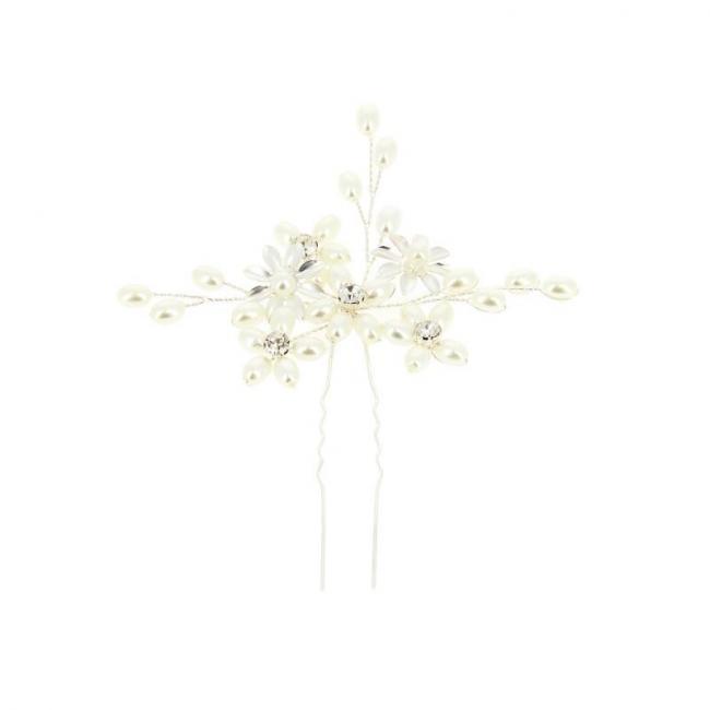 Epingle à chignon argentée avec fleurs et perles