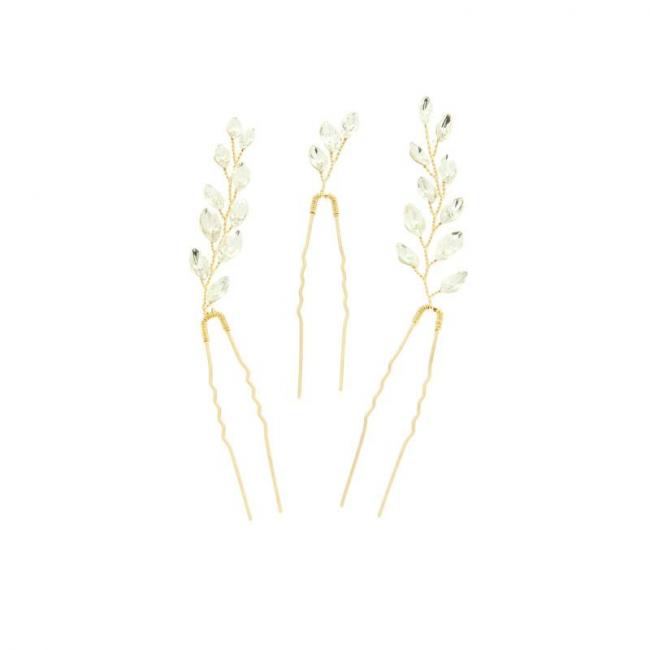 Lot de 3 &eacute;pingles &agrave; chignon dor&eacute;es avec cristaux