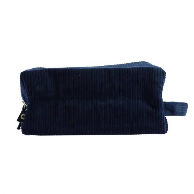 Trousse velours c&ocirc;tel&eacute; rectangulaire avec poign&eacute;e Bleue