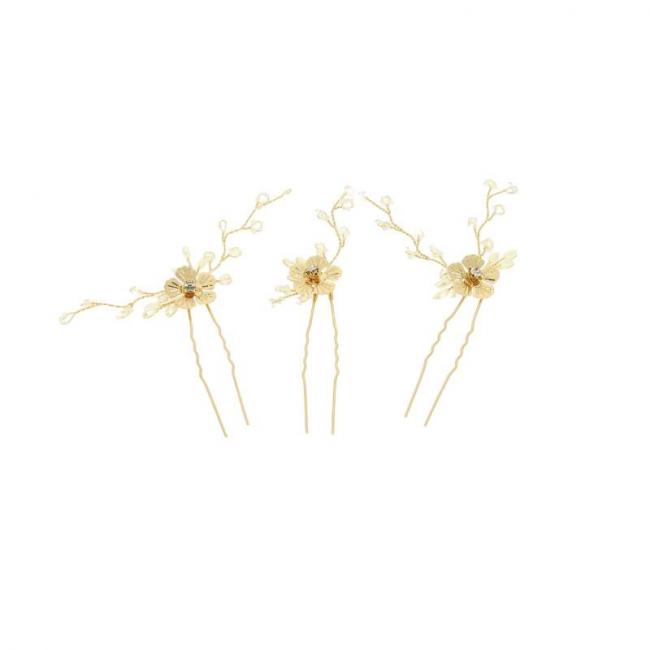 Lot de 3 &eacute;pingles &agrave; chignon fleurs dor&eacute;es et perles