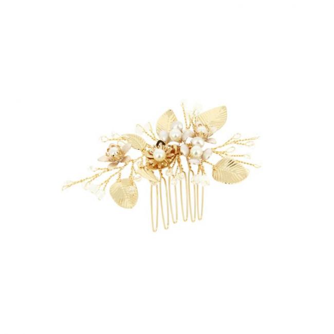 Peigne barrette mariage dor&eacute; &agrave; fleurs et perles