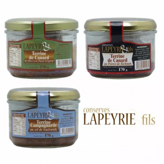 Lot de 3 Terrines artisanales ensoleillées (au Poivre de Sichuan, au Sel de Guérande et aux olives et Piment d’Espelette).