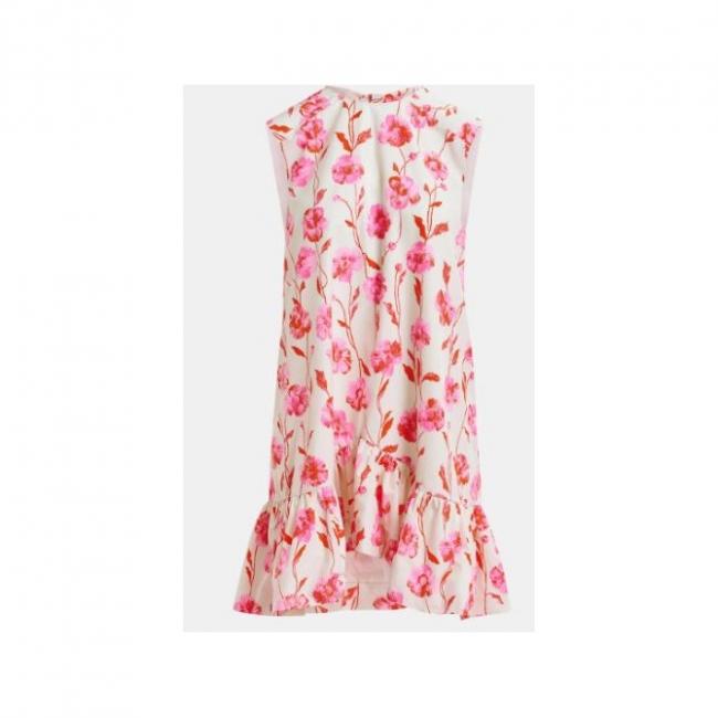 Mini-robe à volants blanc cassé, rouge et rose avec dos nu et nœud