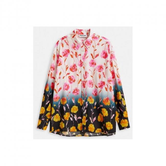 Chemise en satin à imprimé fleuri blanc cassé, rose et noire