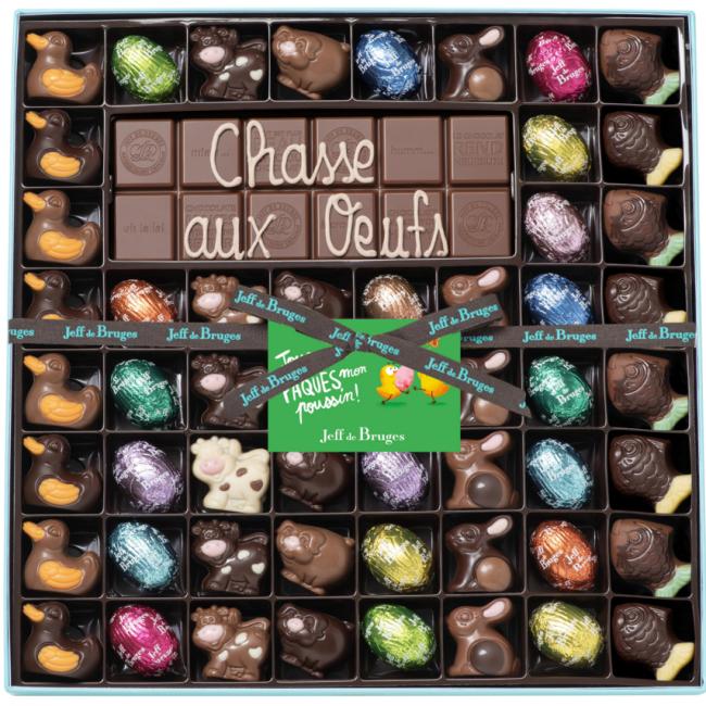 Boite 54 chocolats de Pâques et tablette chocolat au lait avec personnalisation