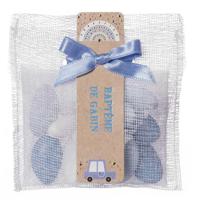 OREILLER TARLATANE ETIQUETTE ARC EN CIEL BLEUE