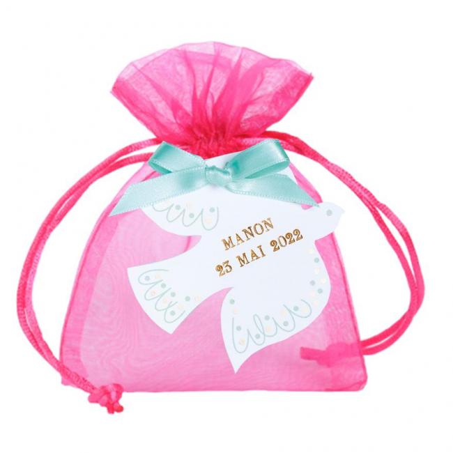 POCHETTE ORGANDI ETIQUETTE COLOMBE ROSE FUCHSIA