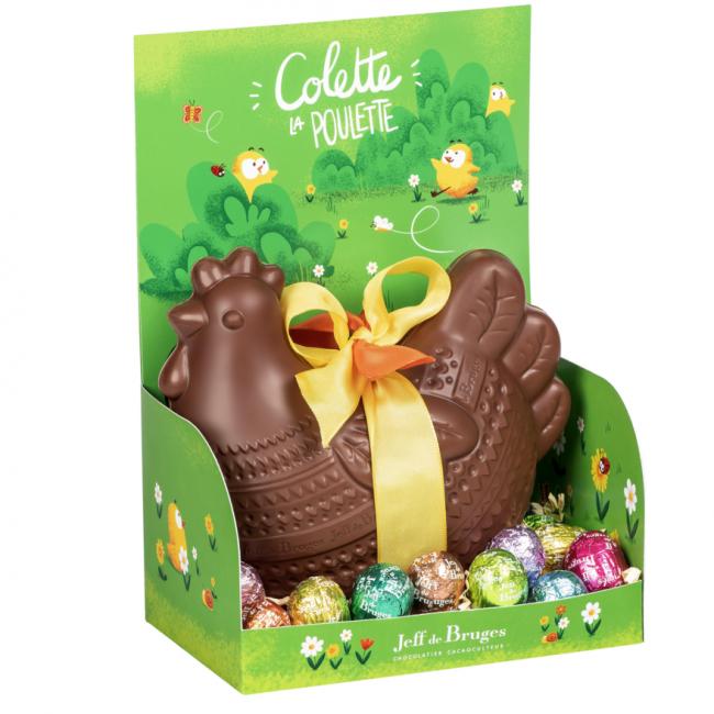 Grande poule Colette en chocolat au lait et ses oeufs fourrés