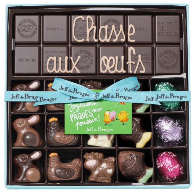 Boite 15 chocolats de Pâques assortis et tablette chocolat noir avec personnalisation