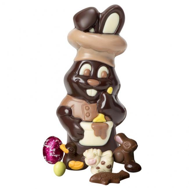 Lapin chocolatier Jeff en chocolat noir garni
