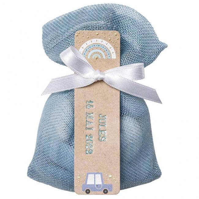 POCHETTE LIN BLEUE ETIQUETTE ARC EN CIEL BLEUE