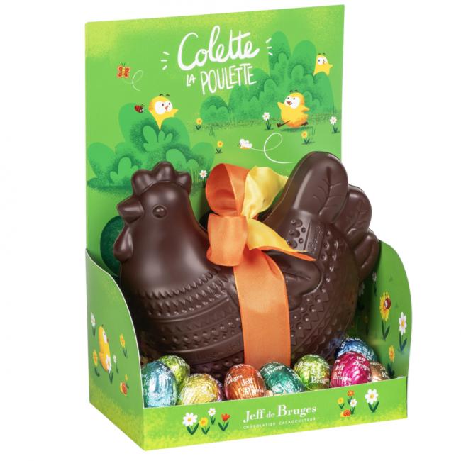 Grande poule Colette en chocolat noir et ses oeufs fourrés