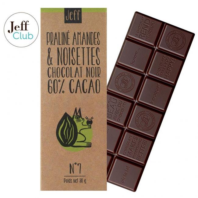 Tablette N°7 Chocolat Noir 60%, Praliné Amandes et Noisettes