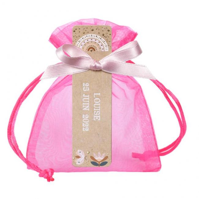 POCHETTE ORGANDI ROSE FUCHSIA ETIQUETTE ARC EN CIEL ROSE