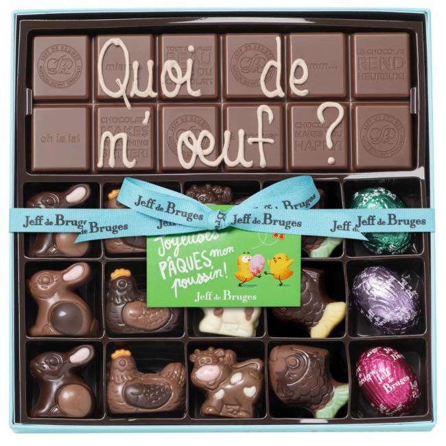Boite 15 chocolats de Pâques assortis et tablette chocolat au lait avec personnalisation