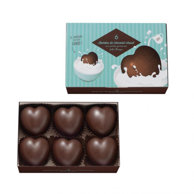 Boite 6 bombes cœur de chocolat noir et ses petites guimauves par Jeff de bruges