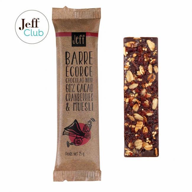 Barre Écorce Chocolat Noir, Cranberries et Muesli