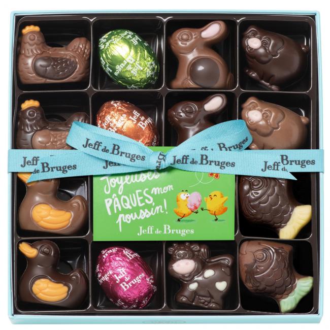 Boite de 12 animaux et 4 oeufs fourrés en chocolat