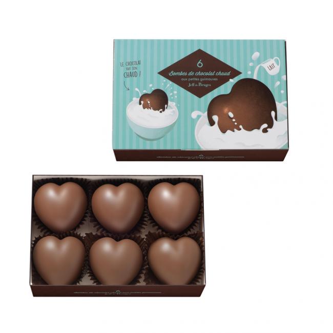 Boite 6 bombes cœurs de chocolat au lait et caramel et ses petites guimauves par Jeff de bruges