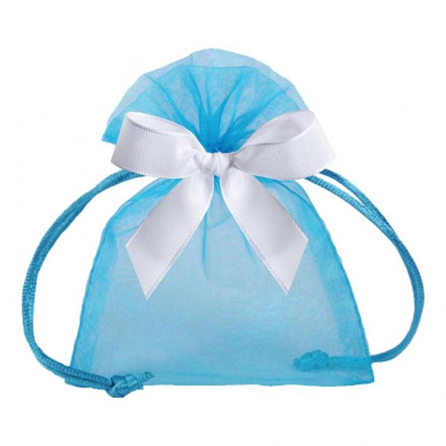 POCHETTE ORGANDI BLEU TURQUOISE AVEC RUBAN