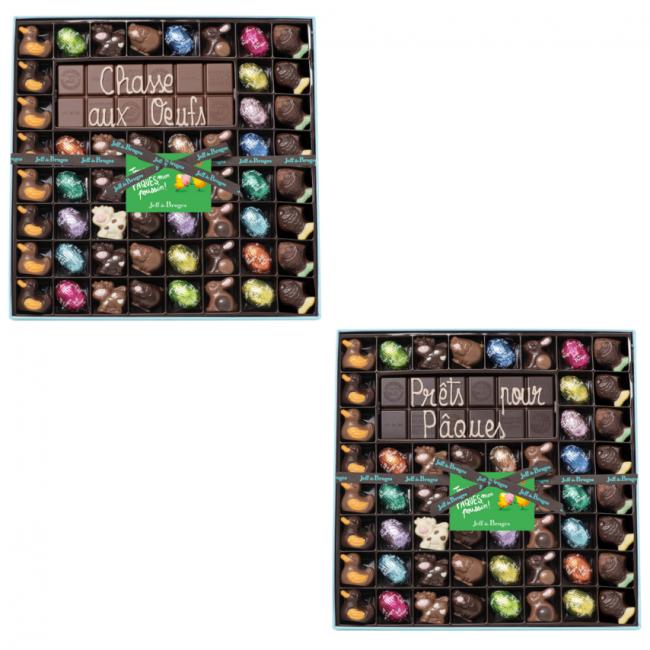 Boite 54 chocolats de Pâques et tablette chocolat au lait ou noir