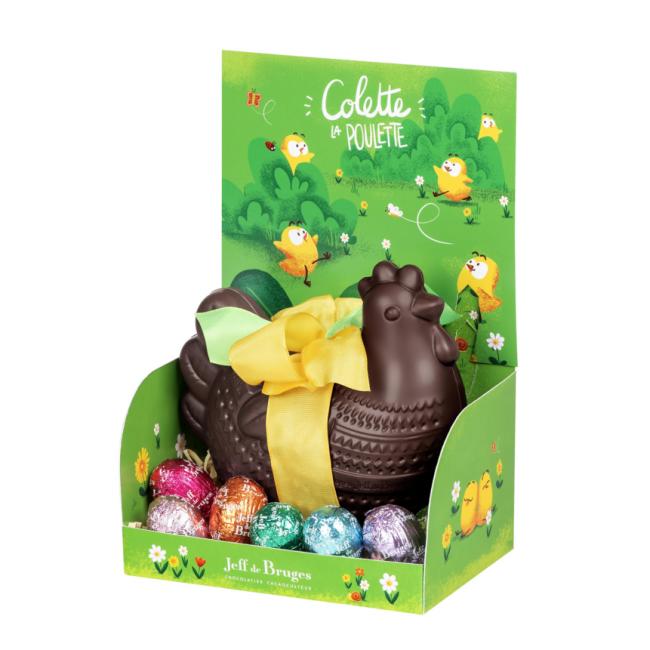 Petite poule Colette en chocolat noir et ses oeufs fourrés