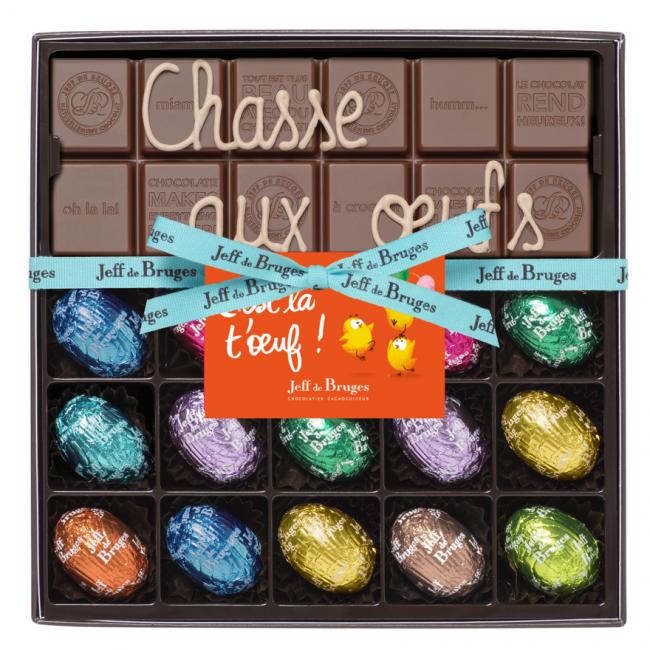Boite de 15 oeufs fourrés sous alu et tablette de chocolat au lait avec personnalisation