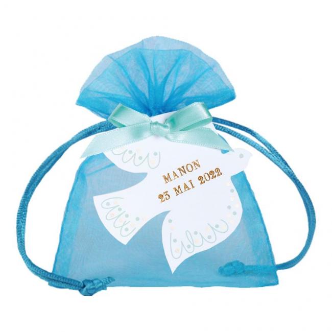 POCHETTE ORGANDI ETIQUETTE COLOMBE BLEU TURQUOISE