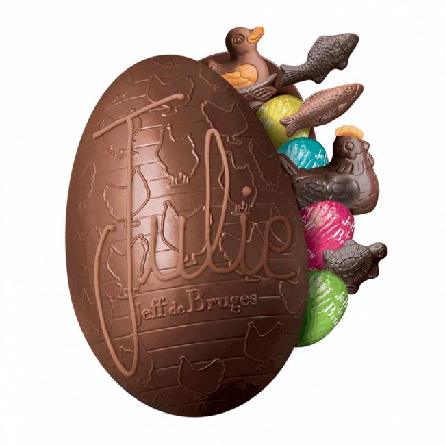 Oeuf 17 cm en chocolat au lait garni avec personnalisation