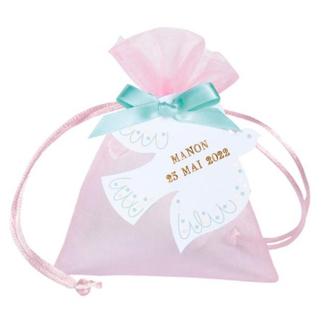 POCHETTE ORGANDI ETIQUETTE COLOMBE ROSE PALE