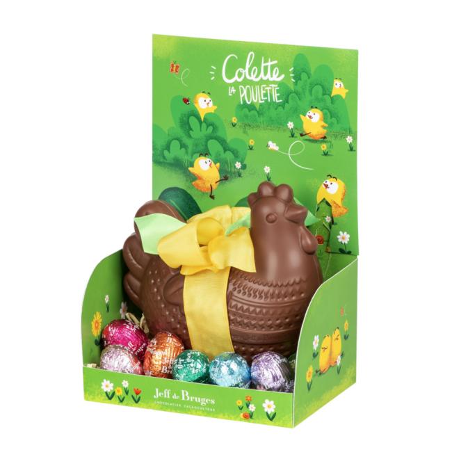 Petite poule Colette en chocolat au lait et ses oeufs fourrés