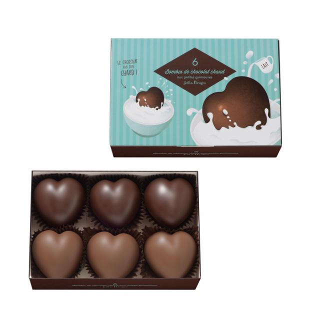 Boite 6 bombes cœur de chocolat lait et noir et ses petites guimauves par Jeff de bruges