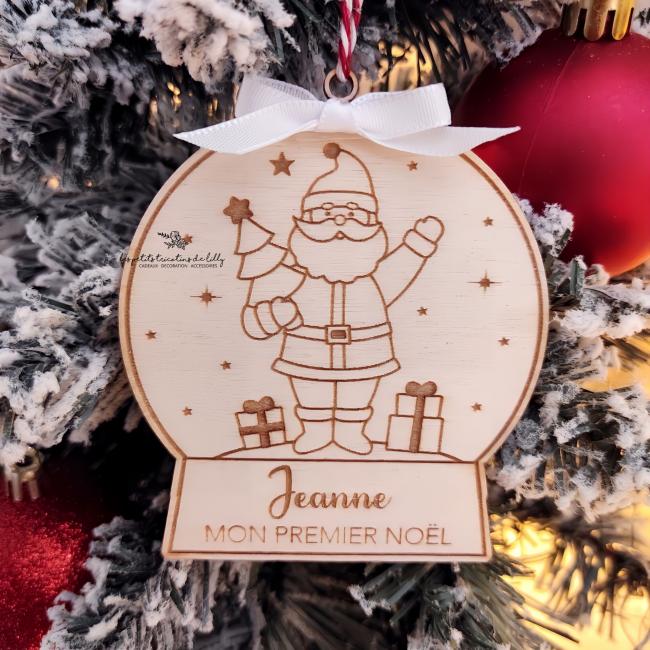 BOULE DE NO&Euml;L EN BOIS PERSONNALIS&Eacute;E - BOULE &Agrave; NEIGE MOTIF PERE-NO&Euml;L