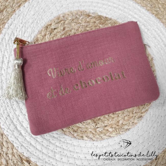 POCHETTE "VIVRE D'AMOUR ET DE CHOCOLAT" VIEUX ROSE