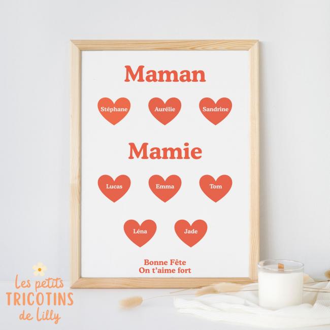 CADRE AFFICHE &ldquo;MAMAN & MAMIE&rdquo; PERSONNALIS&Eacute; &ndash; COEURS AVEC PR&Eacute;NOMS