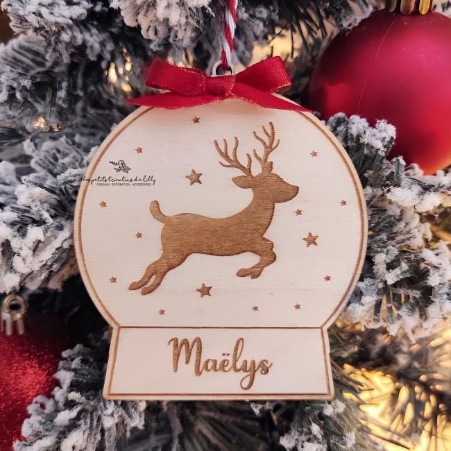 BOULE DE NO&Euml;L EN BOIS PERSONNALIS&Eacute;E - BOULE &Agrave; NEIGE MOTIF RENNE