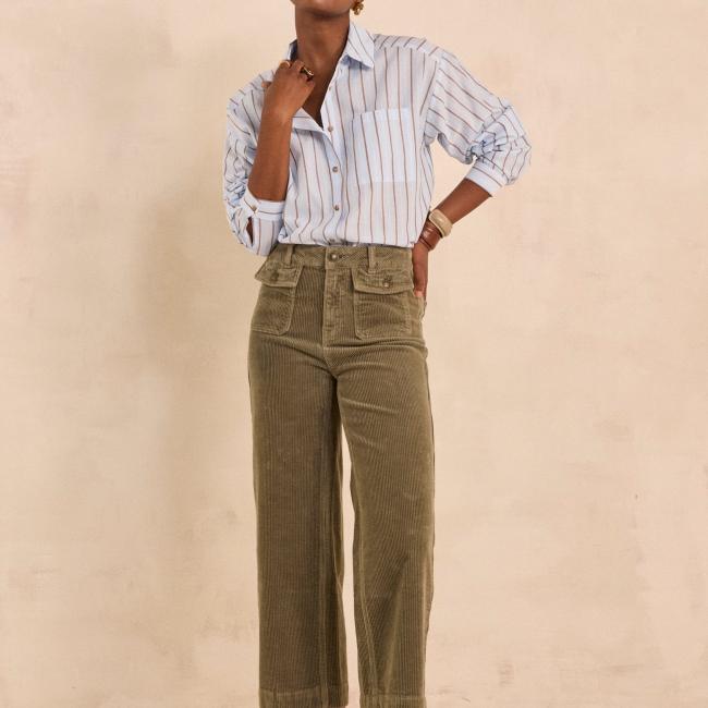 Pantalon en velours vert sauge de coton m&eacute;lang&eacute; STELLA BIS