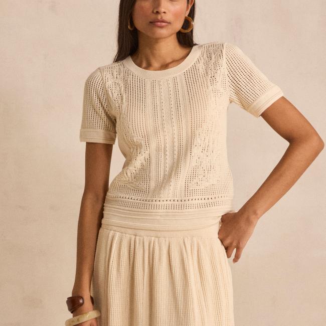 Pull crochet&eacute; &agrave; manches courtes en coton PHILIPPINE