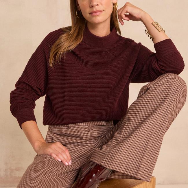 Pull bordeaux &agrave; manches longues en laine m&eacute;lang&eacute;e ANNETTE