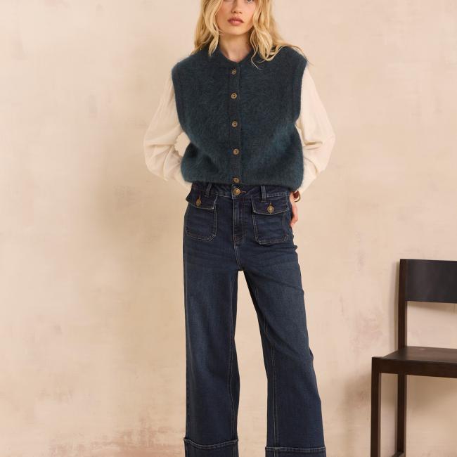 Jean large et cropped en coton m&eacute;lang&eacute; STELLA