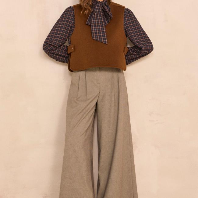 Pantalon beige large en viscose m&eacute;lang&eacute;e LILY
