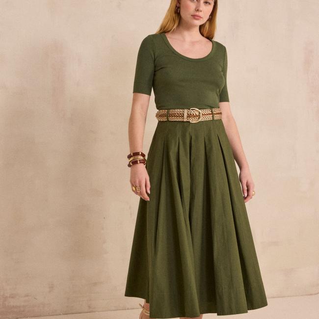 Jupe trap&egrave;ze en coton OLIVE