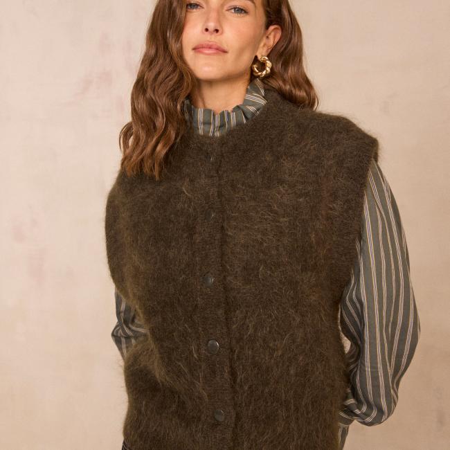 Gilet sans manches kaki en mohair m&eacute;lang&eacute; AYMIE