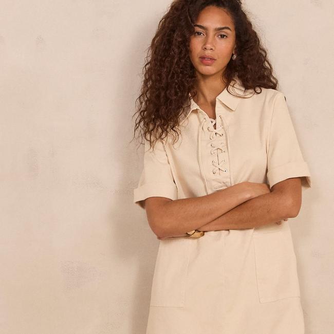 Robe courte droite en coton m&eacute;lang&eacute; BLANCHES