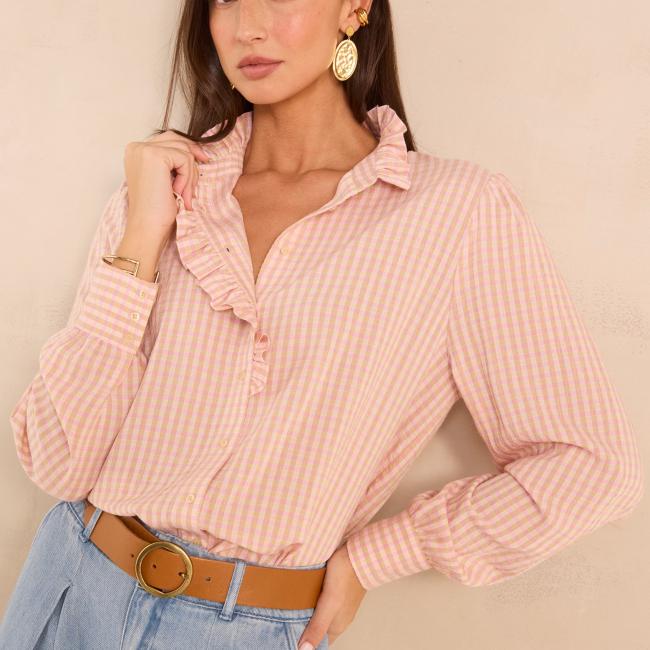 Blouse imprim&eacute; vichy &agrave; manches longues SALIA