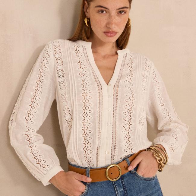 Blouse brod&eacute;e &agrave; manches longues en coton MAGUY